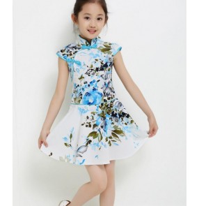 Blue light pink floral girls kids children cheongsam  dresses performance cos play  modern dance school play outfits